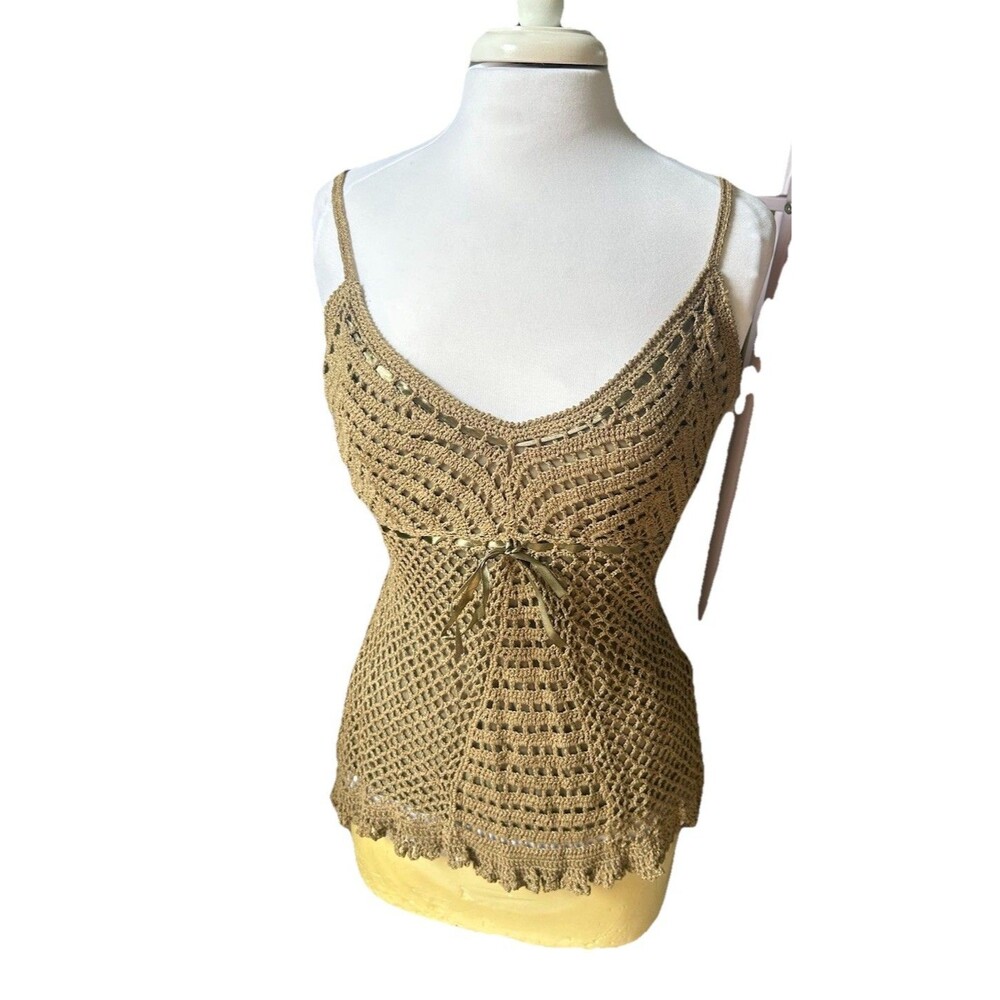 Y2K Vintage Tan Beige Crochet Babydoll Tank Top Size M Boho Grunge Festival